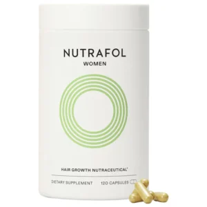 Nutrafol Women Hair Growth Supplement for Thinning Hair Alt Text: Nutrafol Women hair growth supplement bottle for women ages 18 to 44 with thinning hair