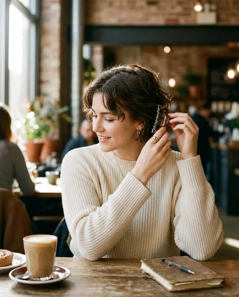 Short hair styled with a tortoiseshell clip pinning one side for an effortless polished look.