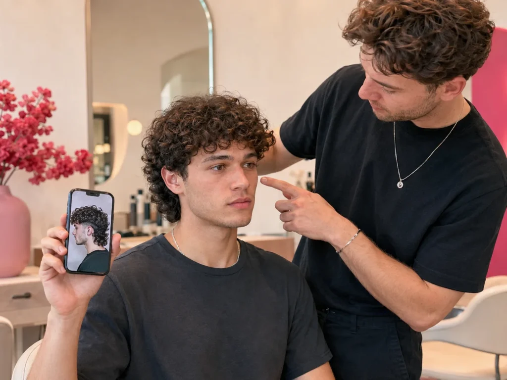 Man showing a curly hair mullet reference photo to a barber in a salon