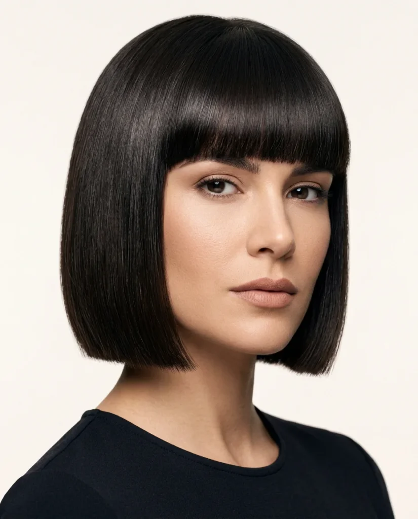 Chin-length blunt bob with straight-across full bangs showing clean sharp lines. 