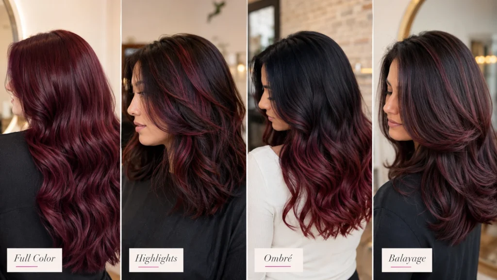 burgundy full color highlights ombre and balayage hair color options