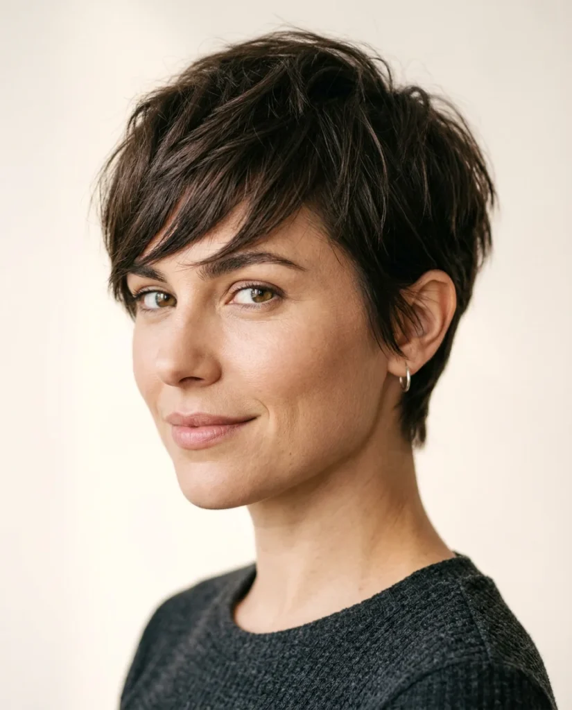 Short pixie haircut with textured top and side-swept bangs softening the face.
