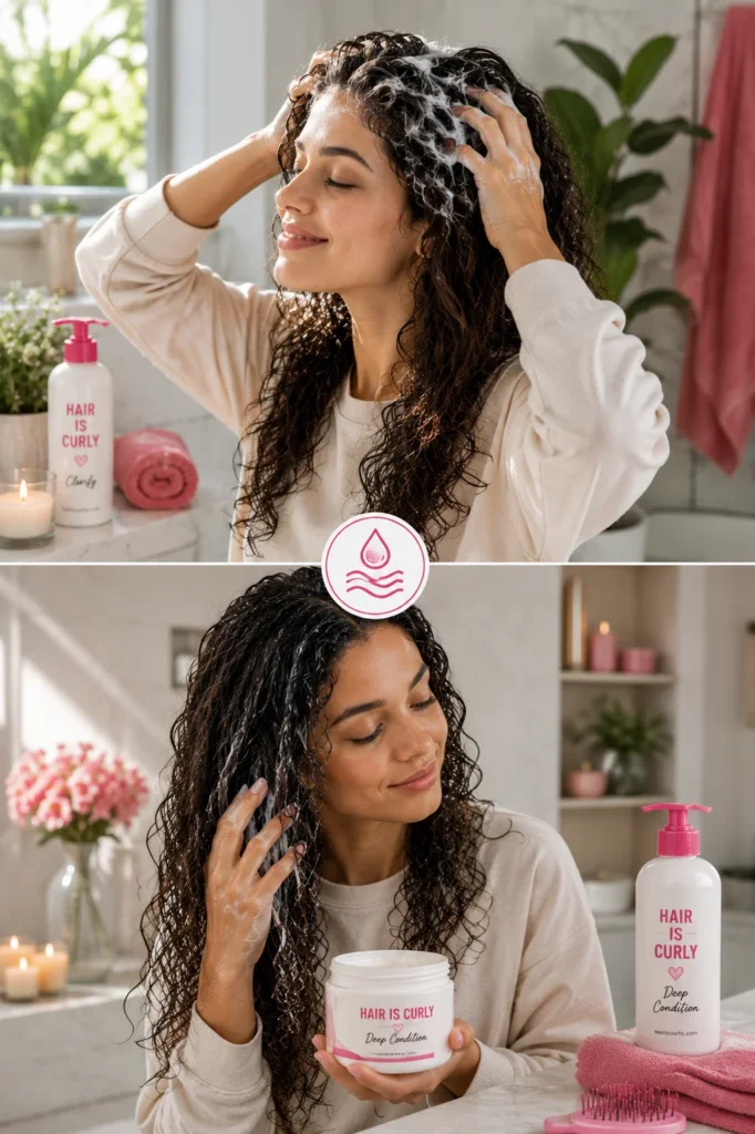 curly hair wash routine showing clarifying shampoo followed by deep conditioner