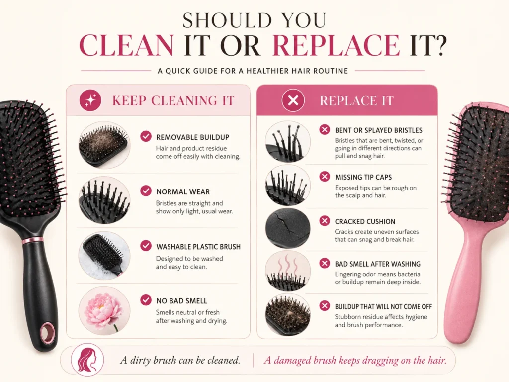 infographic showing when to keep cleaning a hairbrush and when to replace it