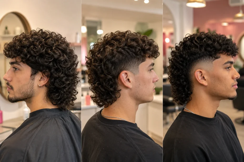 Classic curly mullet, low taper mullet, and mullet fade shown side by side