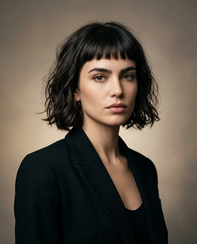 Chin-length French bob with short micro bangs above eyebrows creating a bold structured look. 