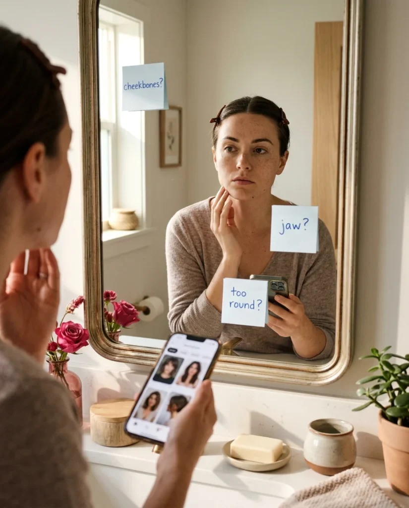 Woman analyzing her face shape in mirror before haircut consultation