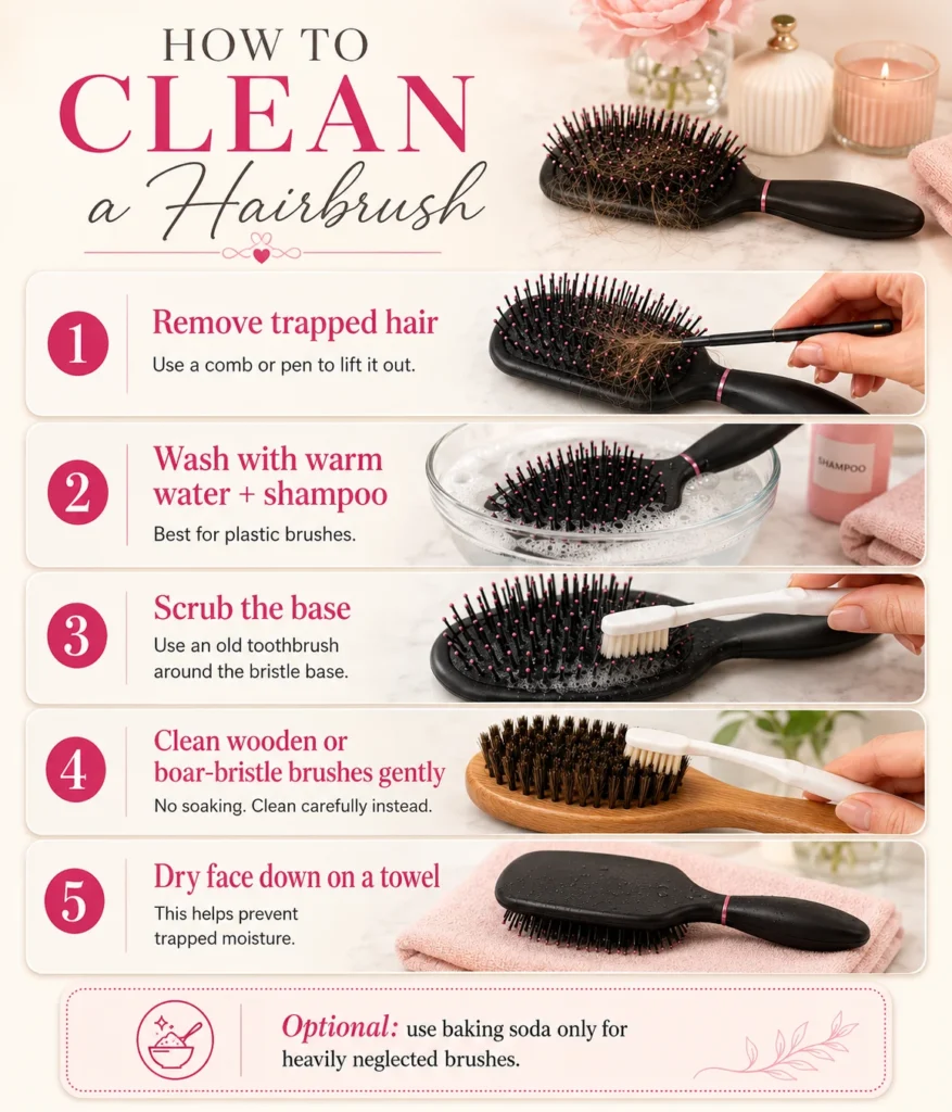 step by step infographic showing how to clean a hairbrush properly