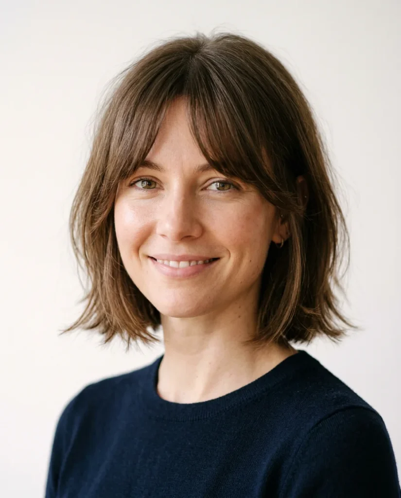 Jaw-length layered bob with soft curtain bangs framing the face and blending naturally. 
