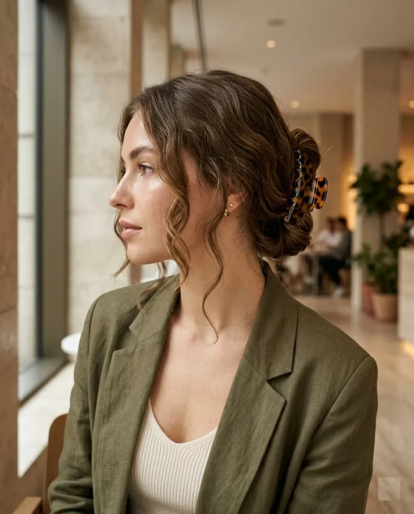 Effortless claw clip hairstyle with soft waves and loose face-framing strands in a relaxed preppy chic look.