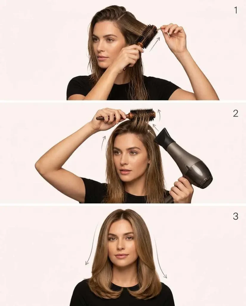 Short hair styled with a round brush blowout showing volume at the roots and inward curved ends.
