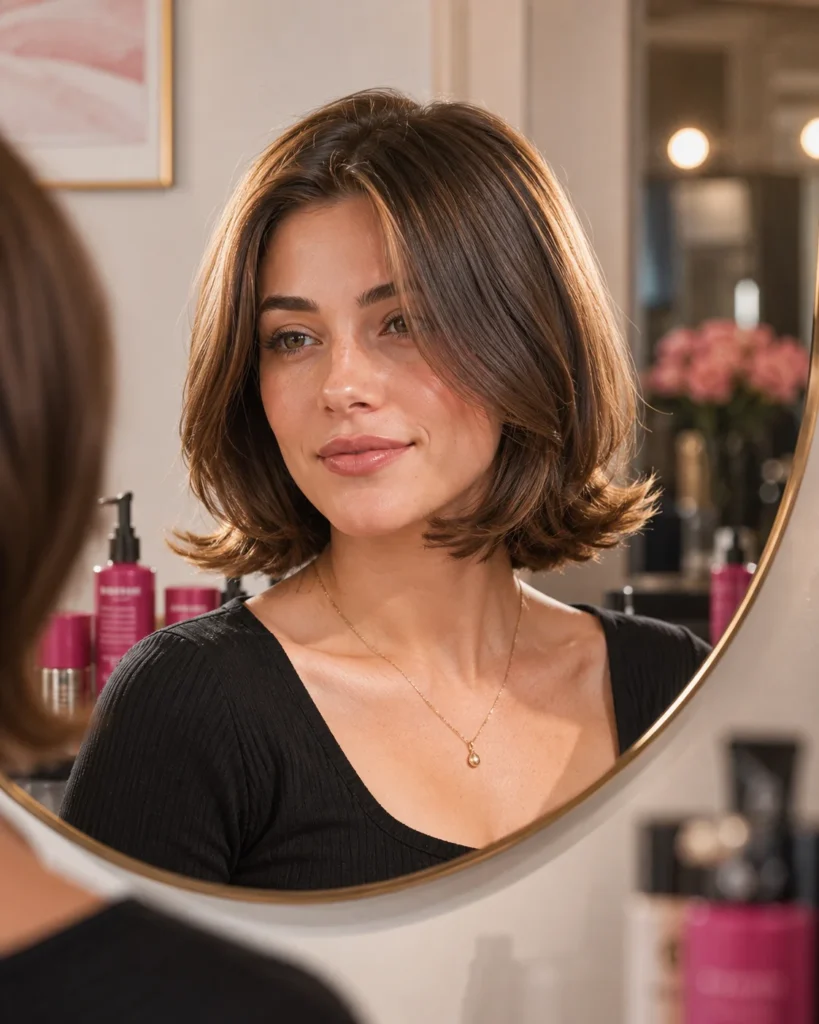 Woman with heart-shaped face wearing chin-length bob with outward layers balancing forehead and chin proportions