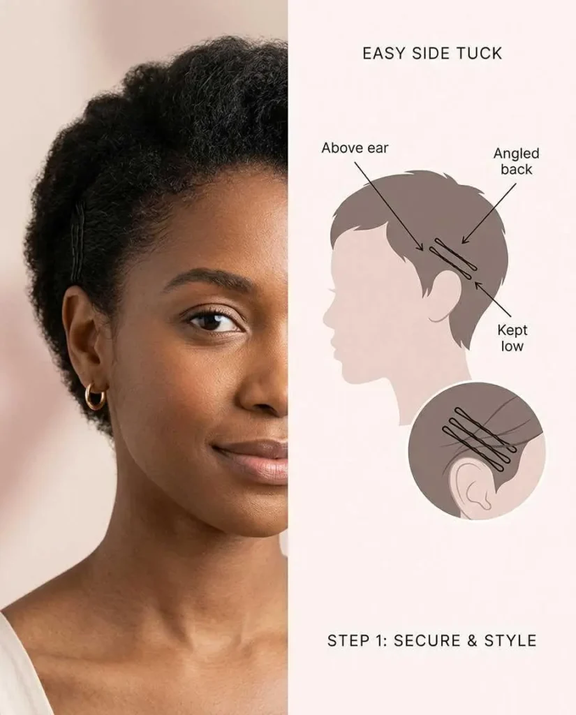 Short hair pinned behind one ear with bobby pins creating a clean asymmetrical everyday style.