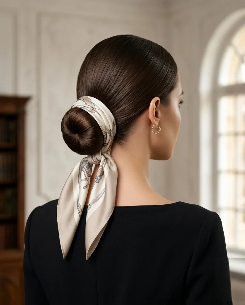 Sleek low bun hairstyle with a smooth finish and silk scarf detail in a refined old-money preppy aesthetic.