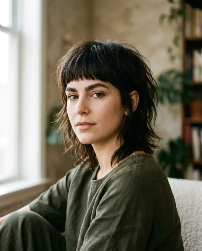 Short shag haircut with layered texture and thick straight-across bangs at eyebrow level.