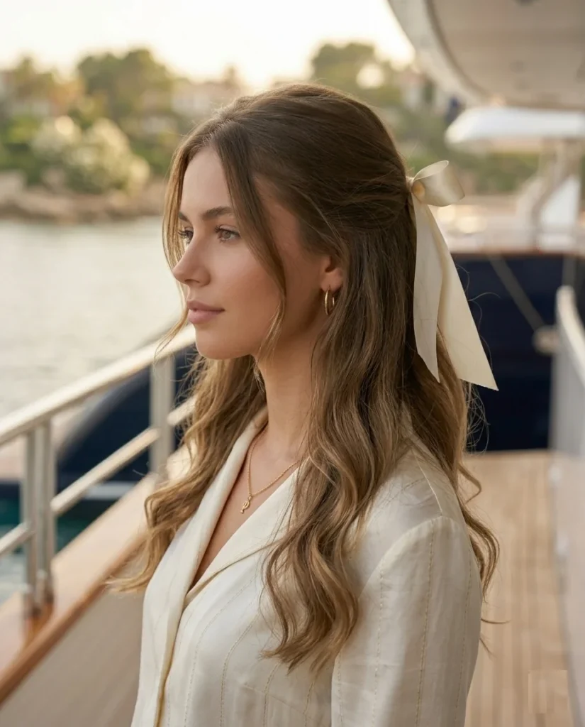Clean sleek center-part hairstyle with tucked-in ends and smooth finish for a modern preppy minimal aesthetic.