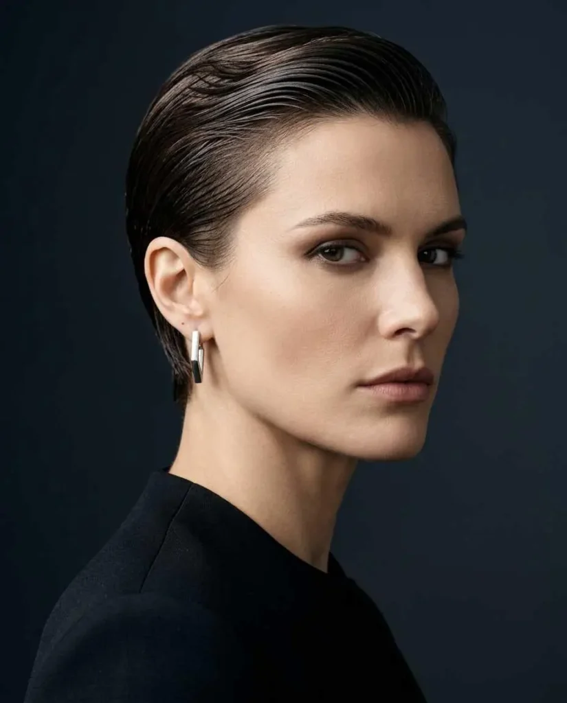Short hair slicked straight back with a glossy controlled finish for a bold modern look.