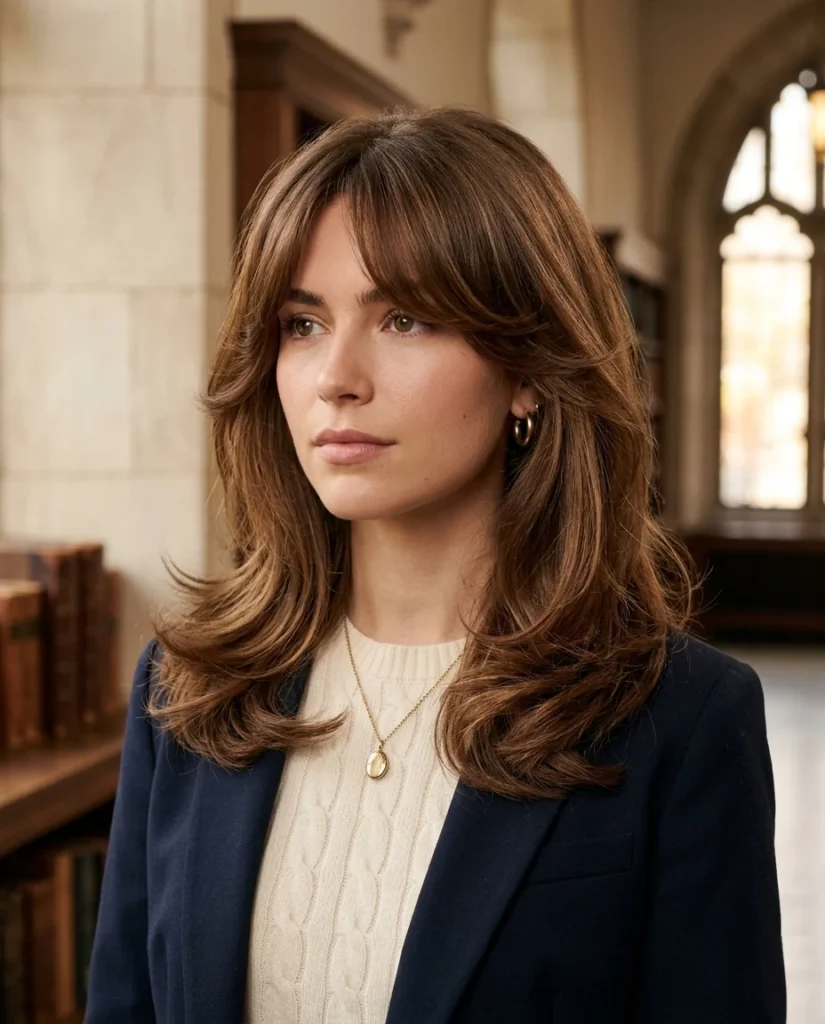 Voluminous blowout hairstyle with soft curtain bangs framing the face in a polished Ivy League inspired editorial look.