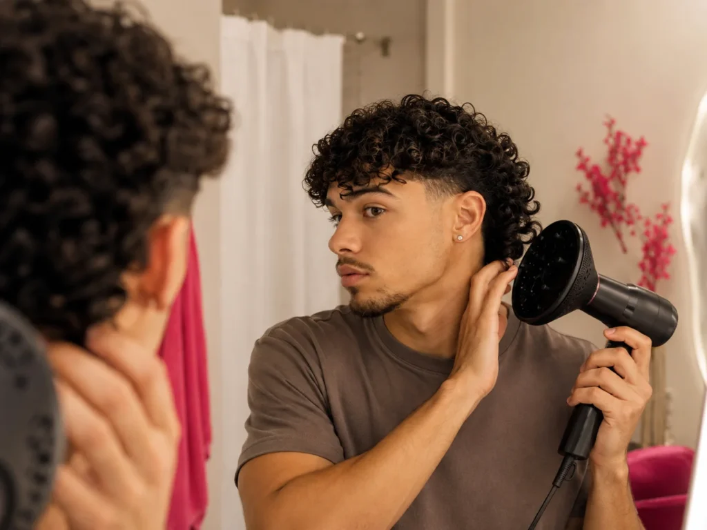 Man diffusing his curly hair mullet on low heat in front of a mirror