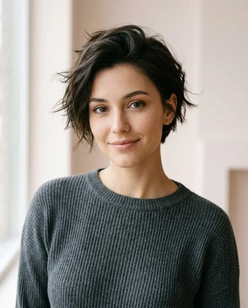 Short hair styled in a soft textured tousle with natural volume and effortless definition.