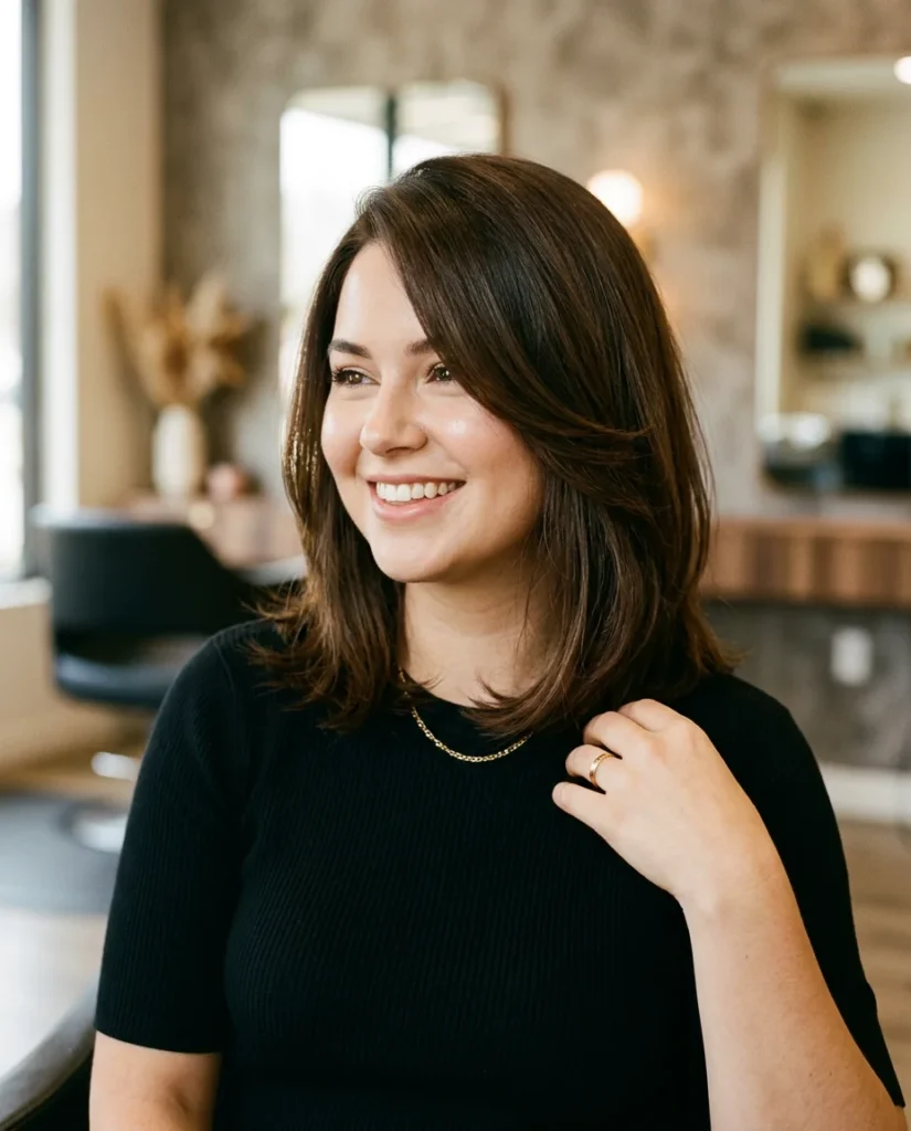 collarbone lob with side part and face framing layers for round face shape