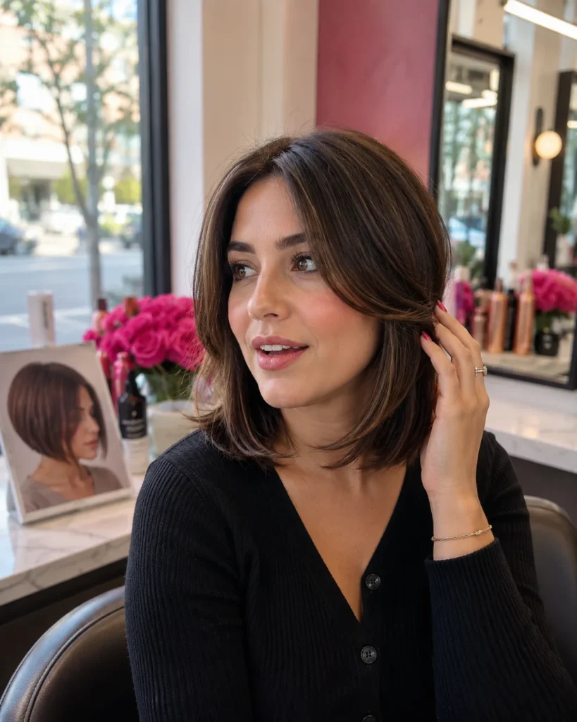 Round face woman with collarbone haircut and face framing layers in salon