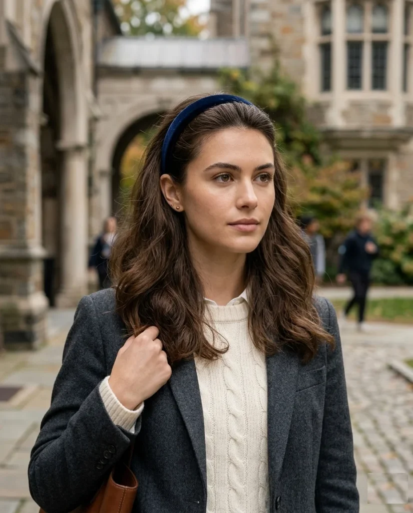 Elegant velvet headband worn with soft loose waves in a refined preppy Ivy League fashion aesthetic.