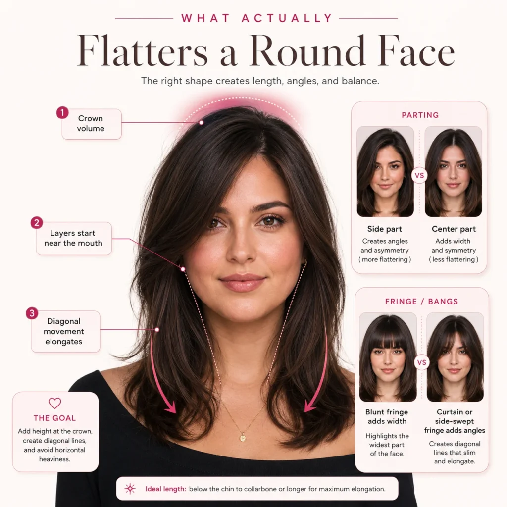 round face haircut diagram showing diagonal layers and crown volume placement