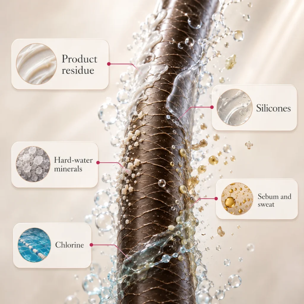 hair strand showing product residue silicone minerals sweat and chlorine buildup