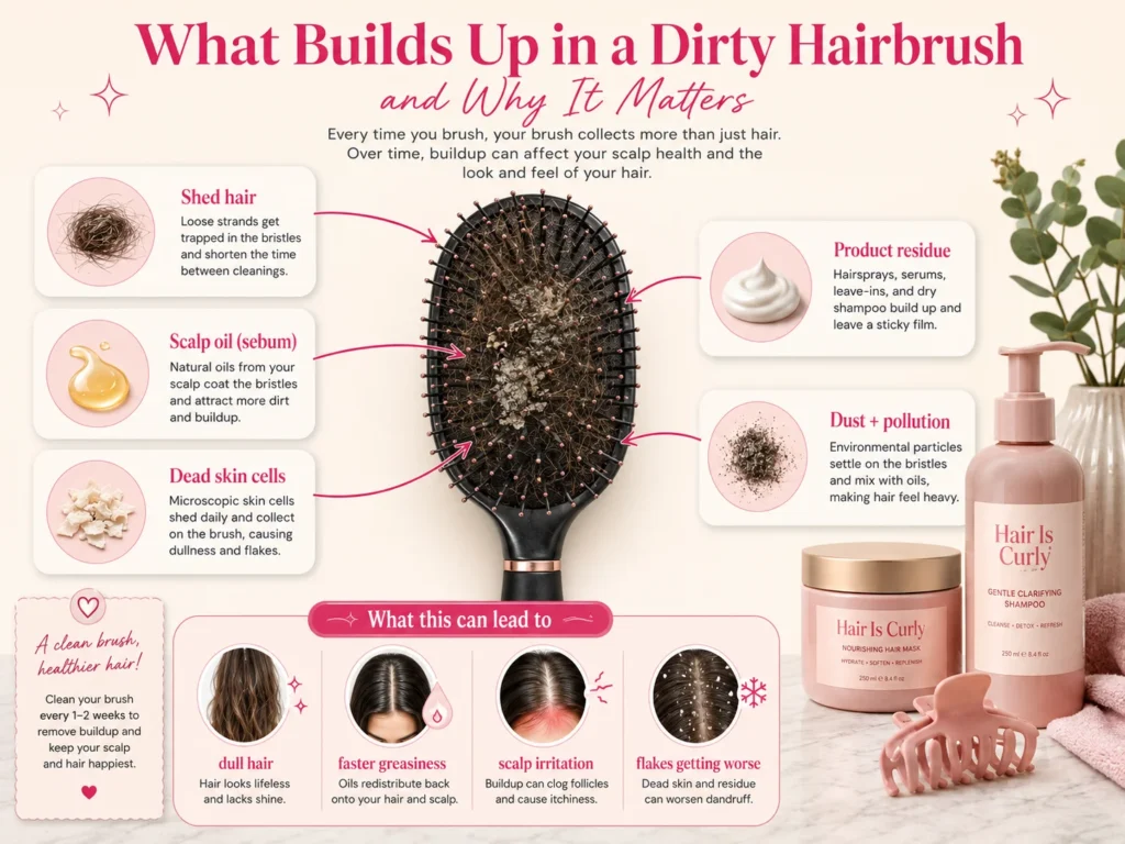 infographic showing oil dead skin product buildup and dust trapped in a dirty hairbrush