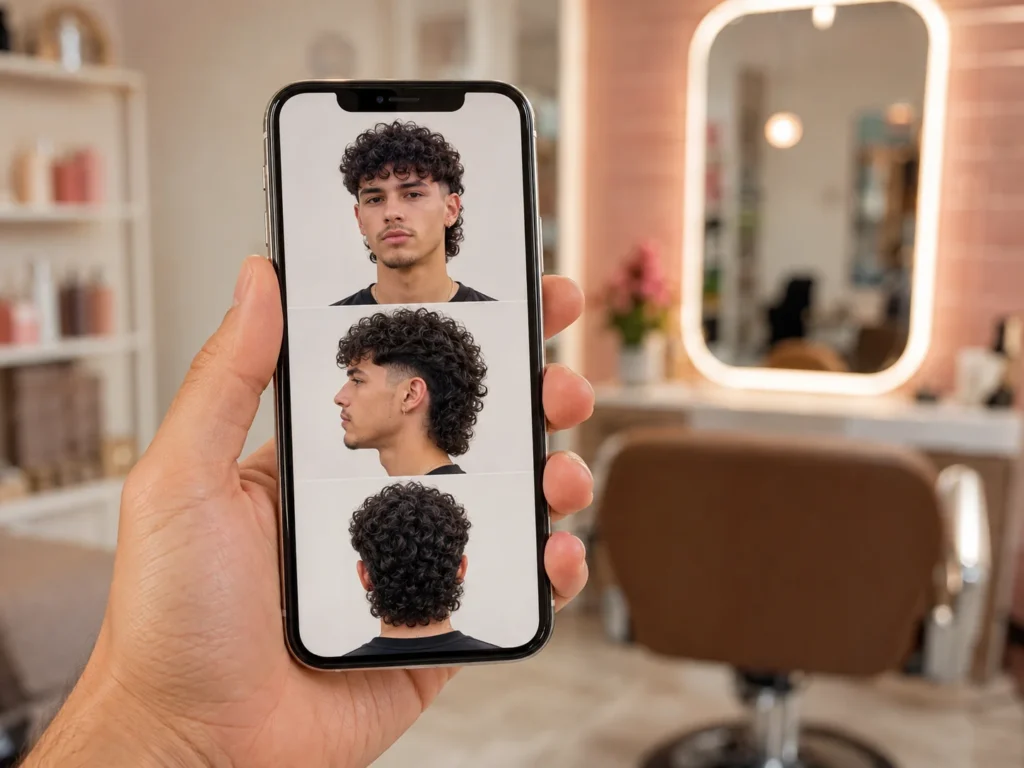 Phone showing front, side, and back reference photos for a curly hair mullet