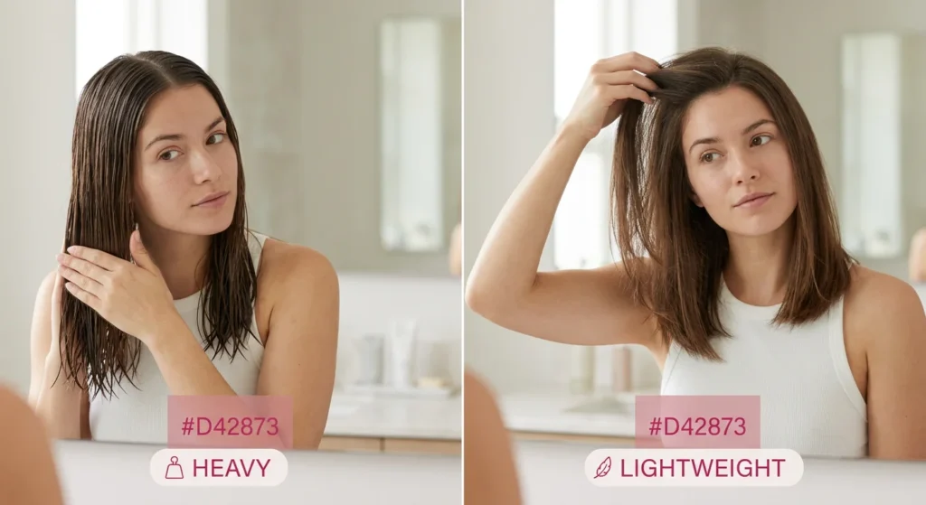 straight hair flat from heavy product vs lightweight volume roots comparison