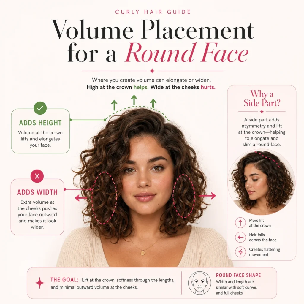 curly hair volume placement guide for round face shape