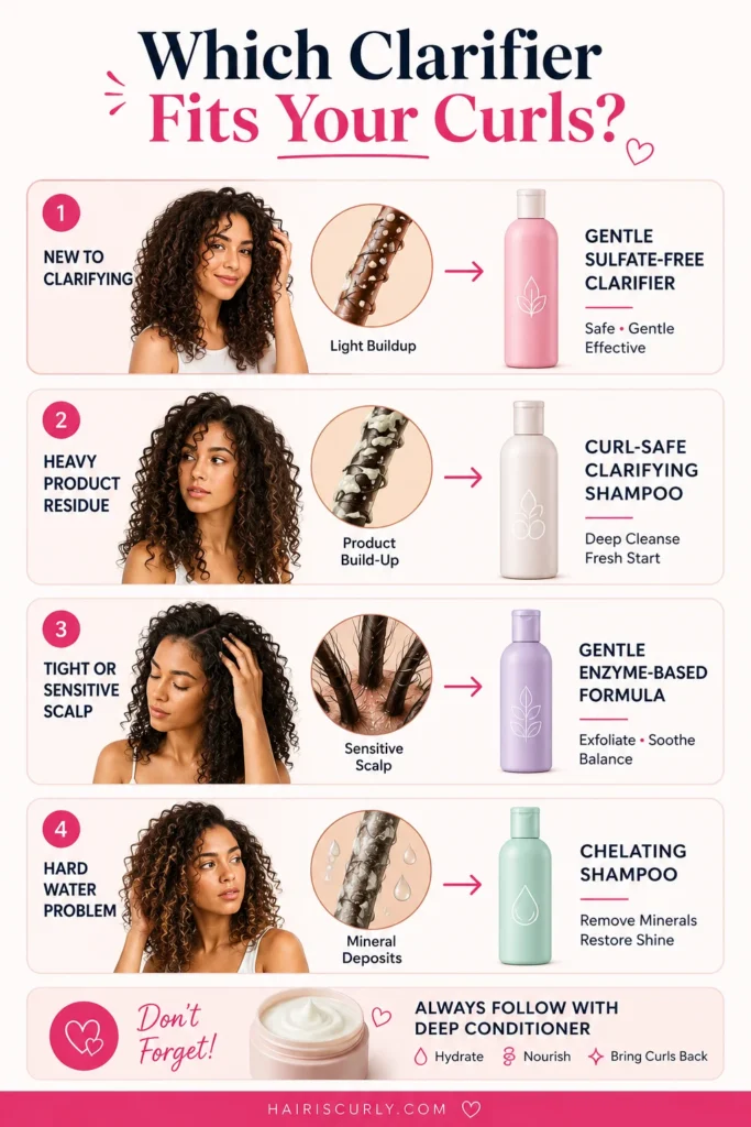 infographic showing which clarifying shampoo fits curly hair buildup hard water and sensitive scalp