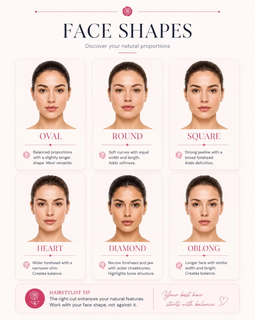 Editorial face shape guide showing oval round square heart diamond and oblong face shapes