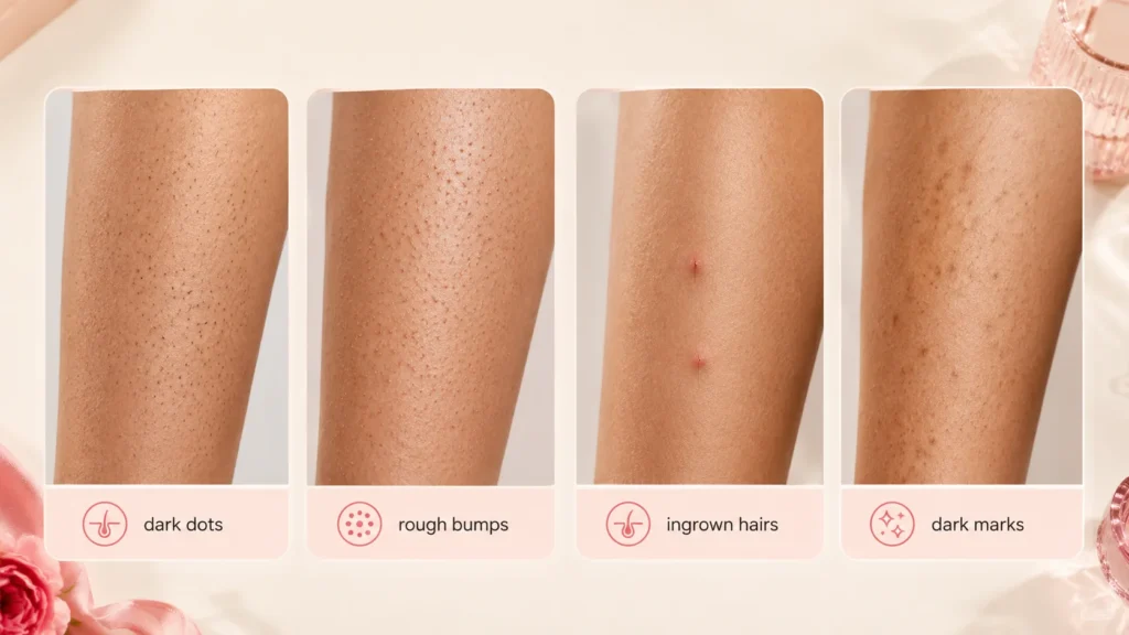 visual guide comparing strawberry legs dark dots ingrown hairs and keratosis pilaris bumps
