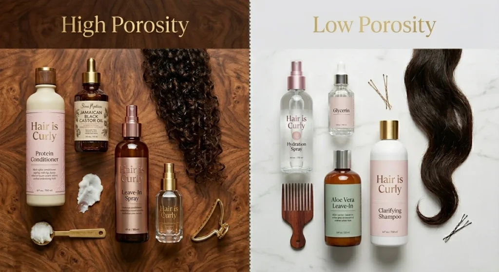overhead flat-lay comparing heavier sealing products for high porosity hair on one side versus lightweight water-based products for low porosity hair on the other side 