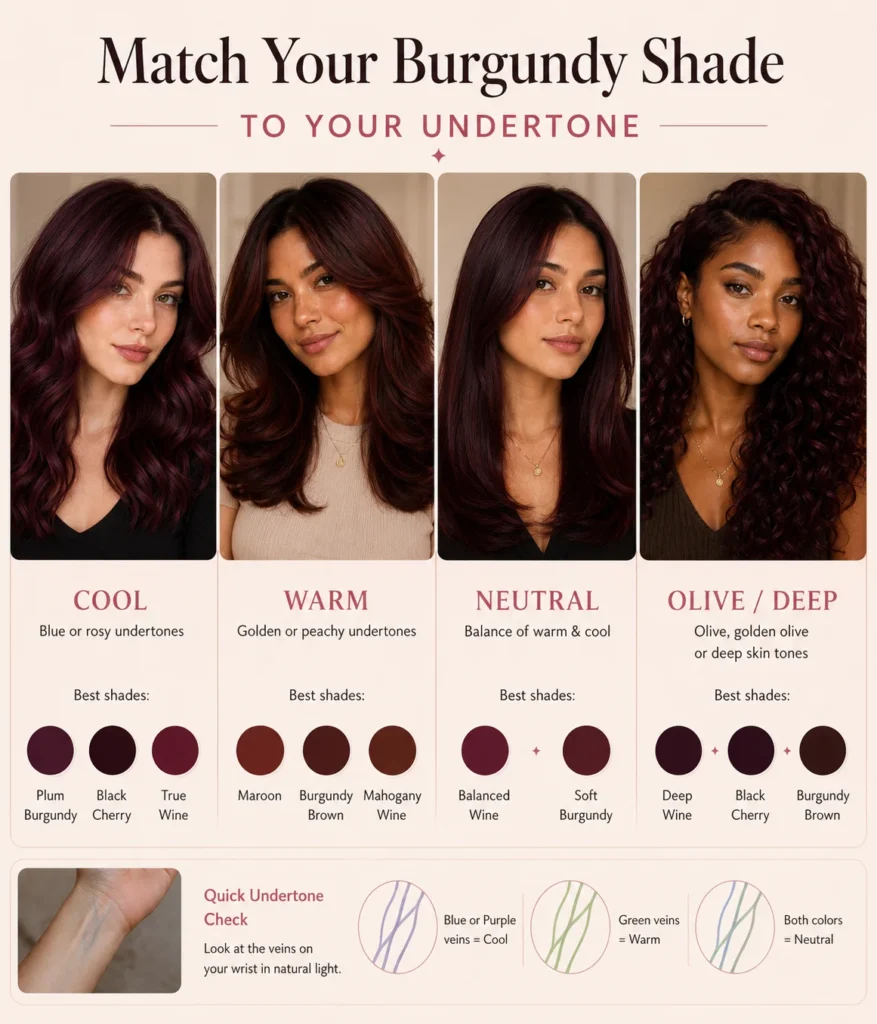 burgundy hair color shades on cool warm olive and deep skin tones