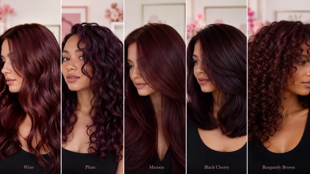wine plum maroon black cherry and burgundy brown hair color shades compared