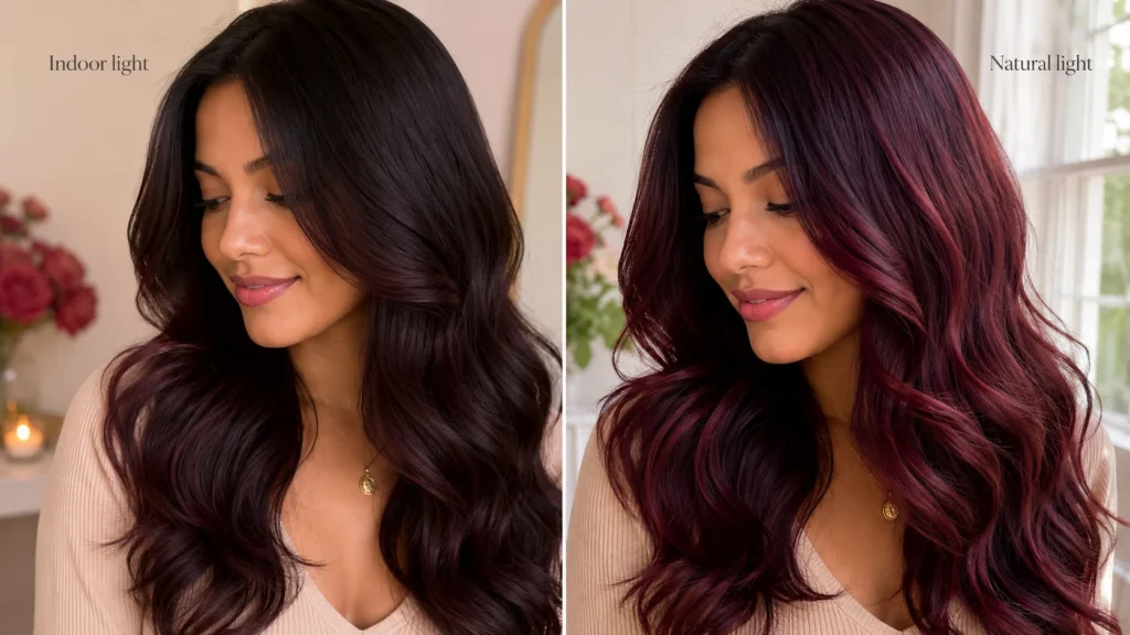 dark hair with subtle burgundy color showing indoor and natural light difference