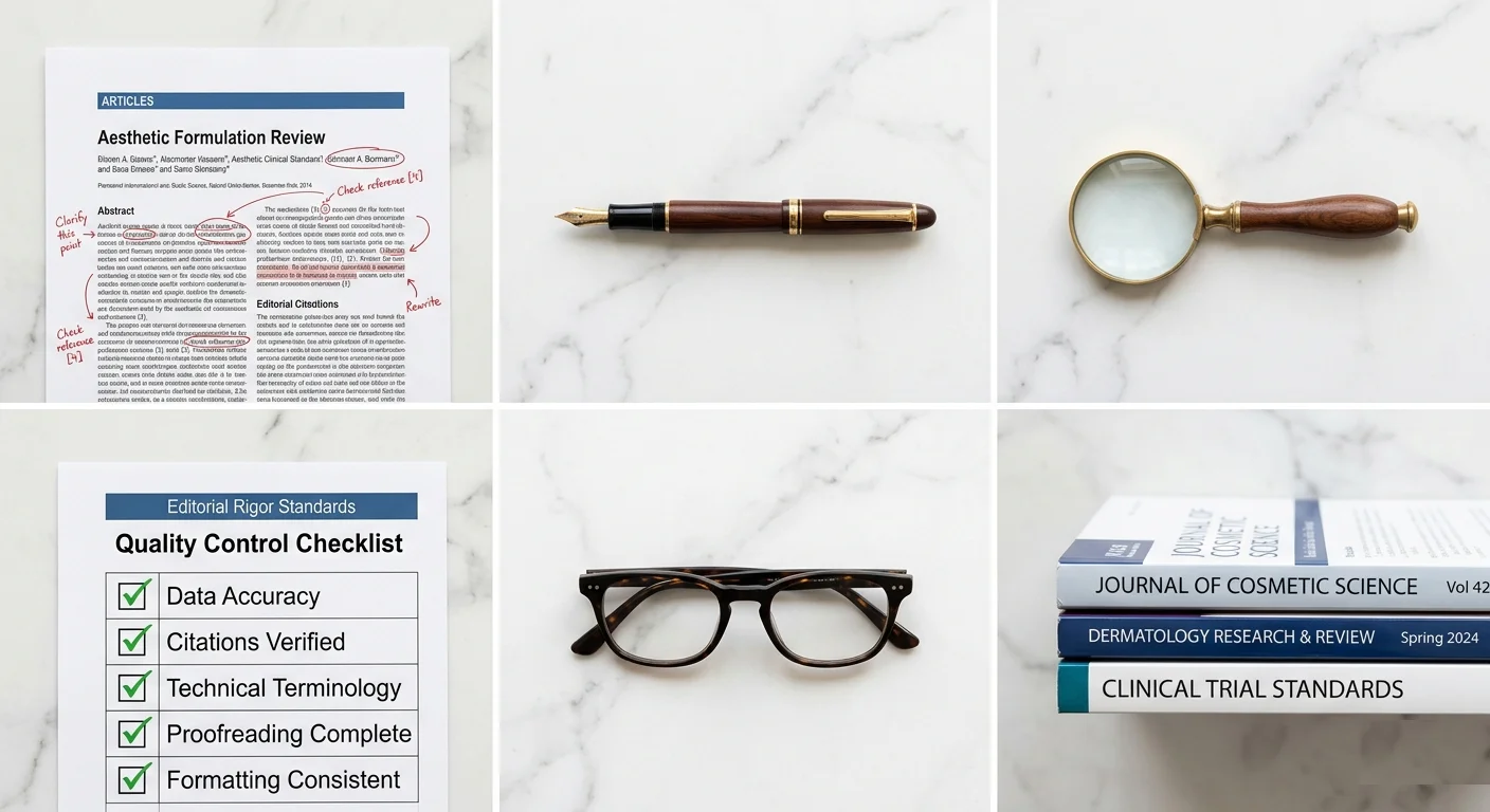 editorial flat-lay showing article with corrections, research journals, checklist, and magnifying glass representing Hair Is Curly content quality standards