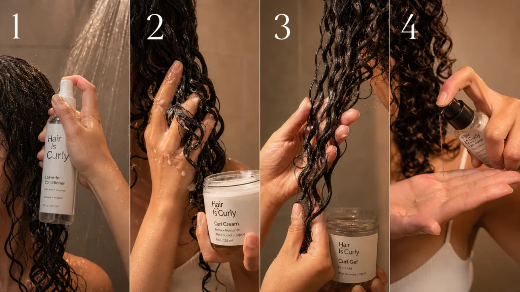 top-down view of four hair products arranged in correct layering order on bathroom counter with real hair showing progression from wet frizzy to defined curls 
