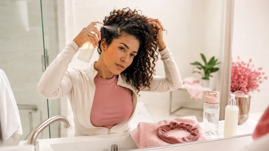 woman rinsing curly hair after workout without shampooing every day