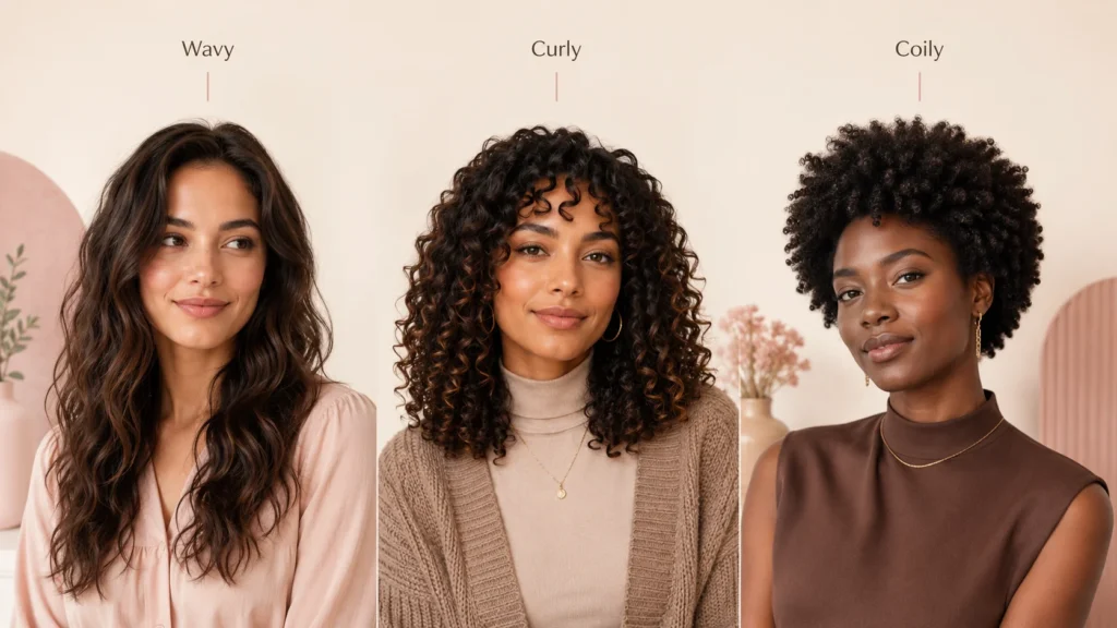 wavy curly and coily hair wash frequency guide showing different curl patterns
