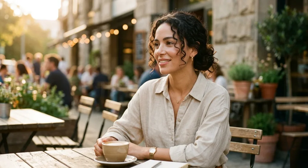 Woman wearing curly hair in relaxed messy bun with face-framing curls on day three 