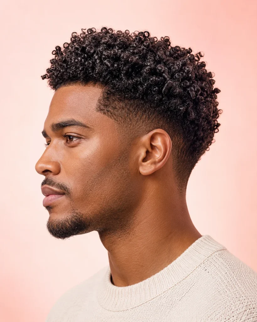 Side profile of man with 3c curls and scissor-tapered sides on defined crop