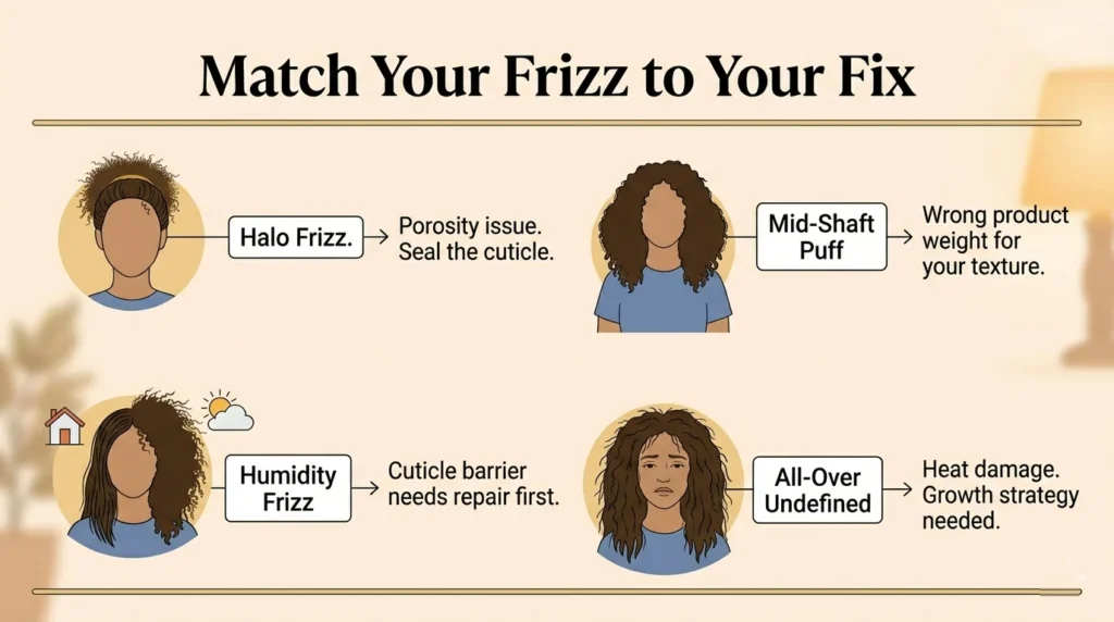 infographic showing four types of frizz with visual silhouettes matching halo frizz to porosity, mid-shaft puff to product weight, humidity frizz to cuticle repair, and all-over undefined to heat damage 