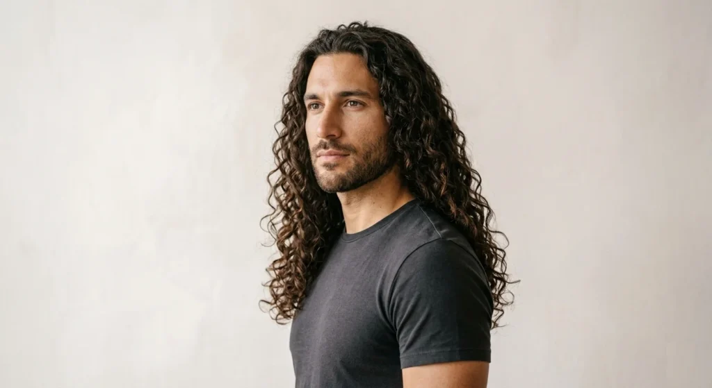 Man with full-length loose 3a curls past the shoulders and mid-back length
Title: Full-Length Loose Curls for Men