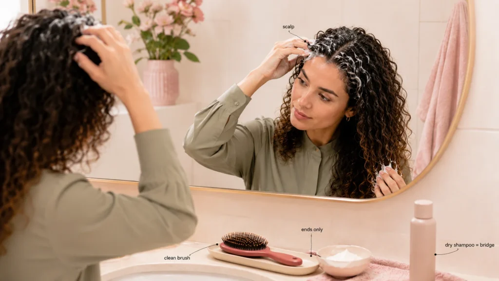 simple greasy hair routine showing scalp shampoo conditioner on ends clean brush and dry shampoo