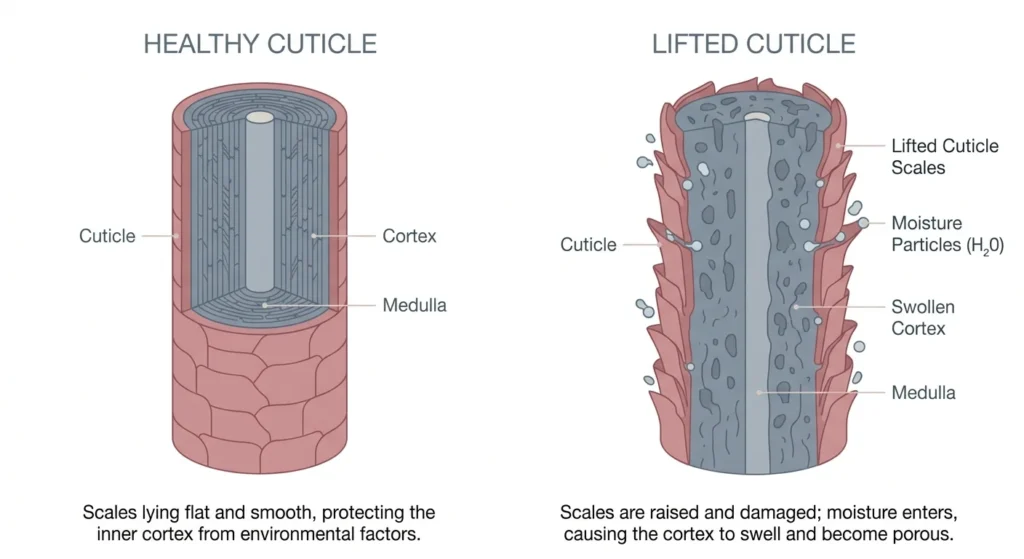 diagram showing flat vs lifted hair cuticle causing frizz when moisture enters the hair shaft 